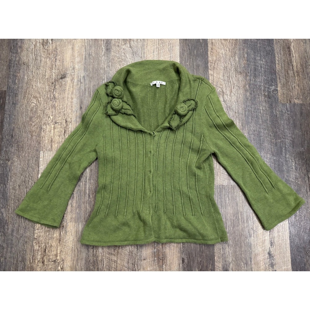 Cabi Green Ribbed Cotton Rosette Collar Cardigan Sweater 871 Womens Medium‎